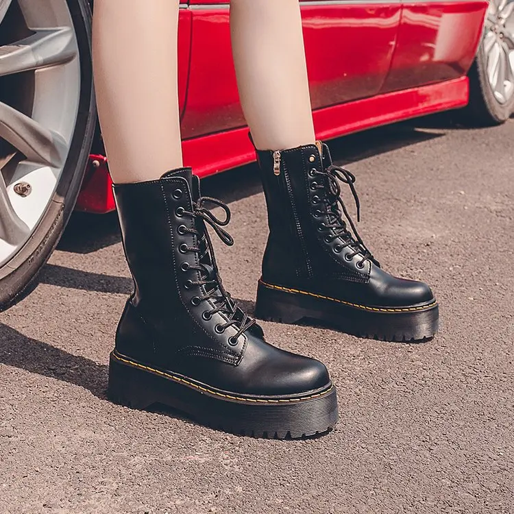 

Ouyang Nana Celebrity Style Martin Boots Women's Hight-top Retro Side Zipper Biker Boots Platform Thick Bottomed Europe And Amer