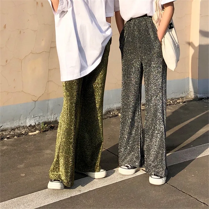 

Women Loose Golden Silver Wide Leg Trousers 2019 Fashion Streetwear Glitter Elastic Waist Trousers