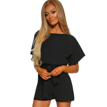 

2020 New Summer Women Clothes Short Sleeve Sashes O-Neck Solid Color Office Playsuit Jumpsuits Playsuit Overalls
