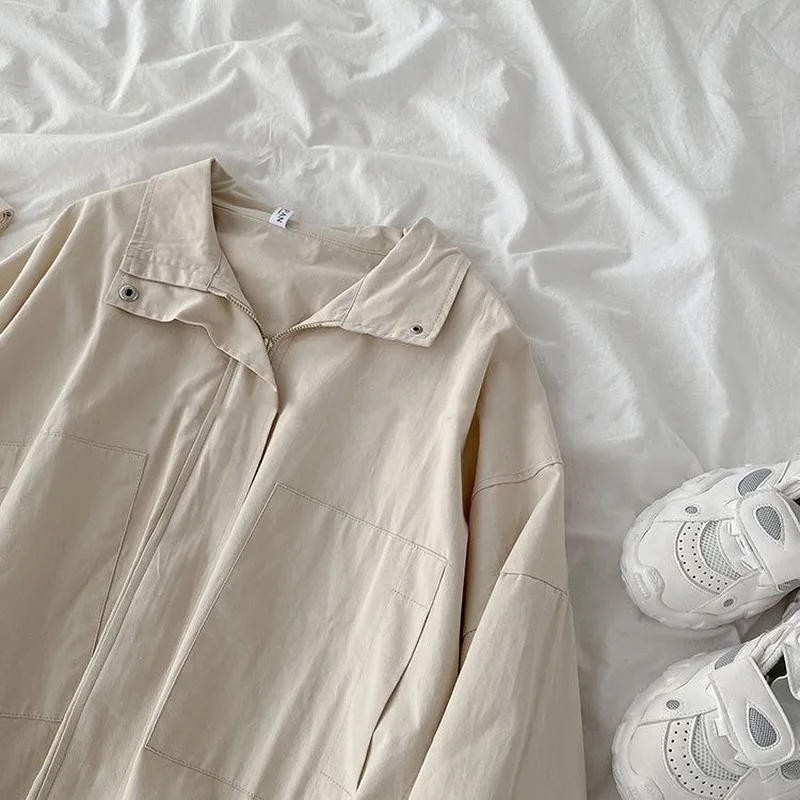 여성용 기본 재킷, 턴다운 칼라 지퍼, 하라주쿠 탄성 BF 시크 얼짱, 느슨한 한국 스타일, 멋진 스트리트웨어, 캐주얼 아우터