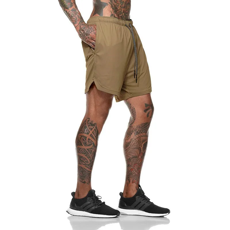 Мужские спортивные шорты с защищенным карманом для фитнеса 2 в 1 шорты быстросохнущие модные эластичные талии для активного отдыха M-3XL - Цвет: khaki