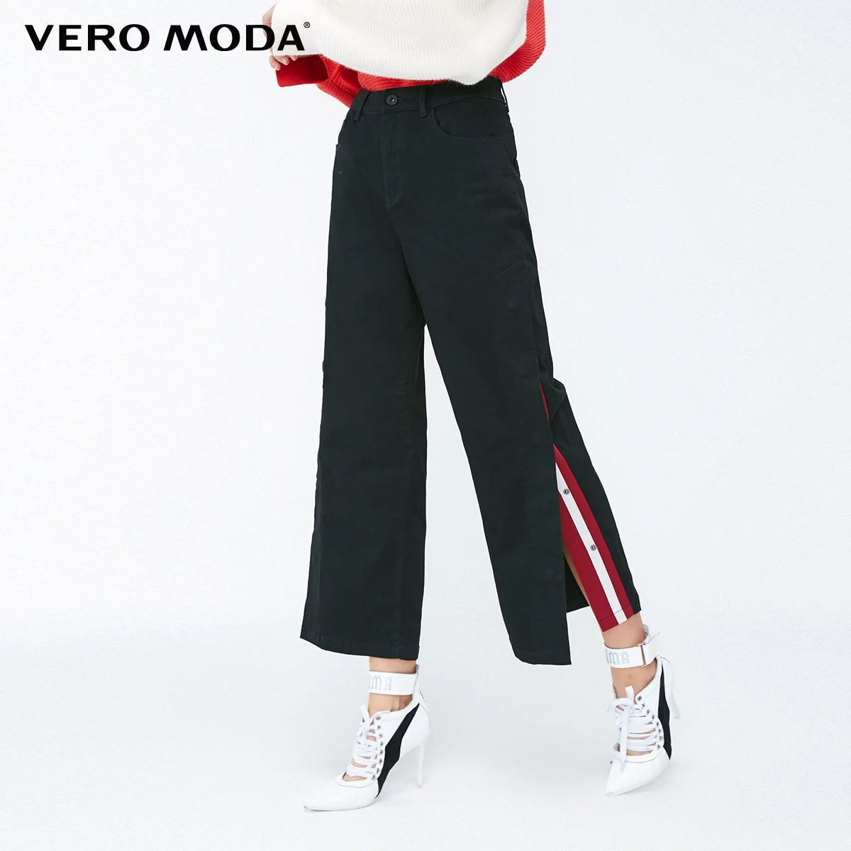 Vero Moda Новое поступление Женские полосатые широкие джинсы с боковыми кнопками | 318349528