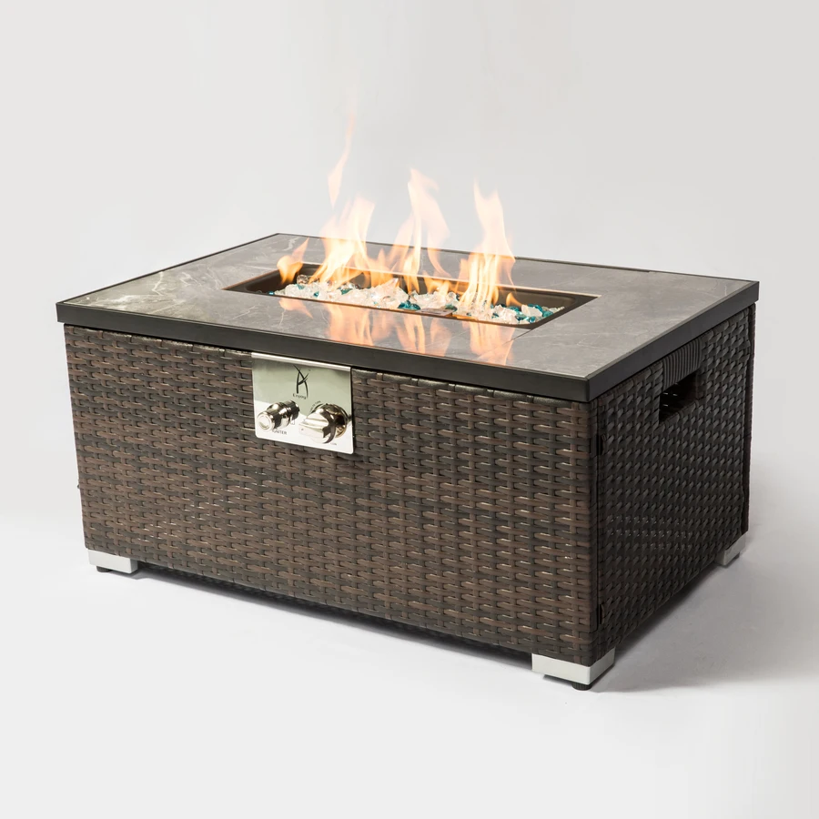Outdoor Gas Fire Pit 32" Rectangle Dark Brown Wicker Propane Fire Table