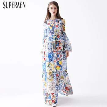 

superAen europe 2020 Spring New Women's long Dress Print fashion Chiffon ladies Dress long sleeve women clothing