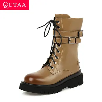 

QUTAA 2021 Ankle Boots Rivet Square Heel Keep Warm Winter Women Shoes PU Round Toe Buckle Lace Up Zipper Short Boots Size 34-43