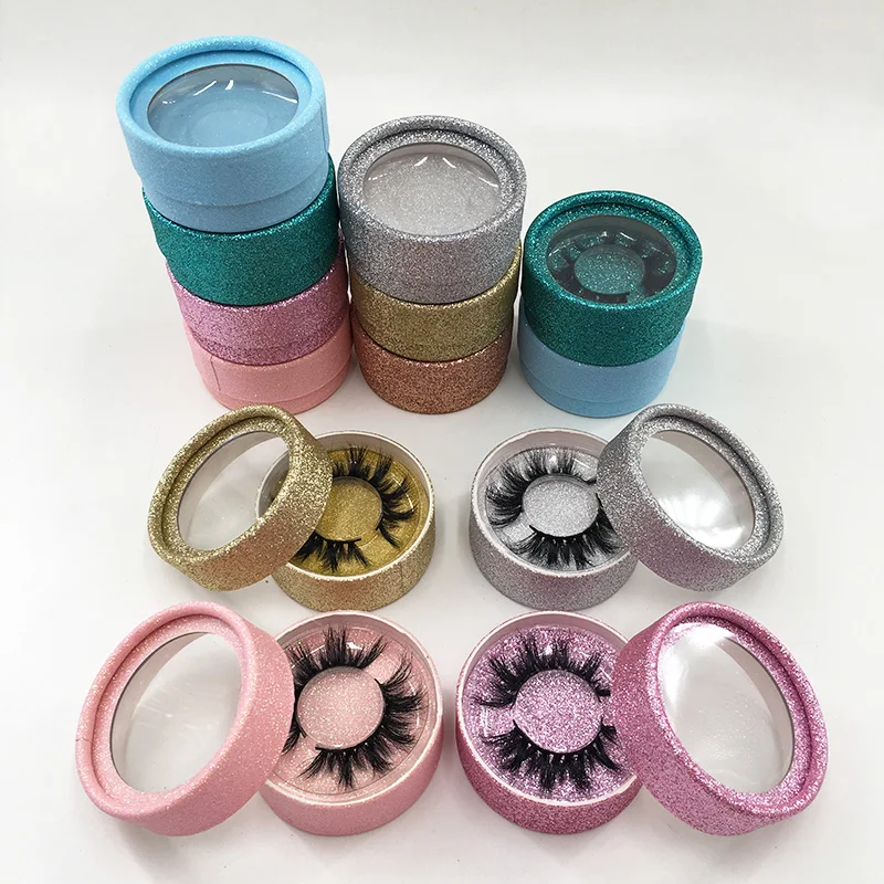 Empty Round Lash Case Pink Glitter Eyelash Package For Regular Mink