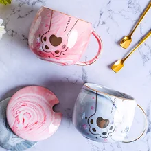 2022 New Ceramic Cute Animal Cat Claw Mug With Lid Spoon Tea Coffee Milk Mug Students Home Marble Cup Drinkware