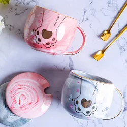 2022 New Ceramic Cute Animal Cat Claw Mug With Lid Spoon Tea Coffee Milk Mug Students Home Marble Cup Drinkware