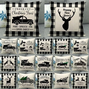 

1Pcs Christmas Deer Tree Black white Alphabet Pattern Cotton Linen Throw Cushion Cover Home Sofa Bed Decorative Pillowcase 40676