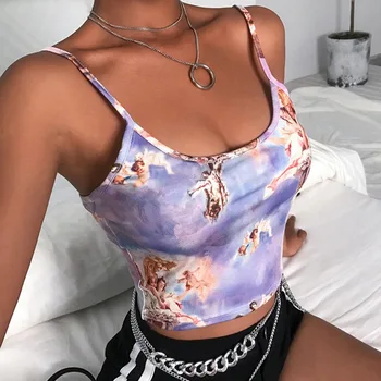 

Women Tank Tops Sexy Slim Sling Print Summer Camis Tops Sexy Sleeveless Low Cut Club Wear Short Cropped Tops Feme