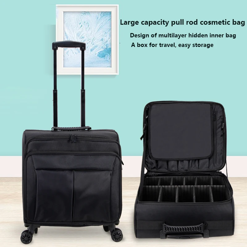 Makeup Suitcase On Wheels Women Scooter Travel Black Canvas Small