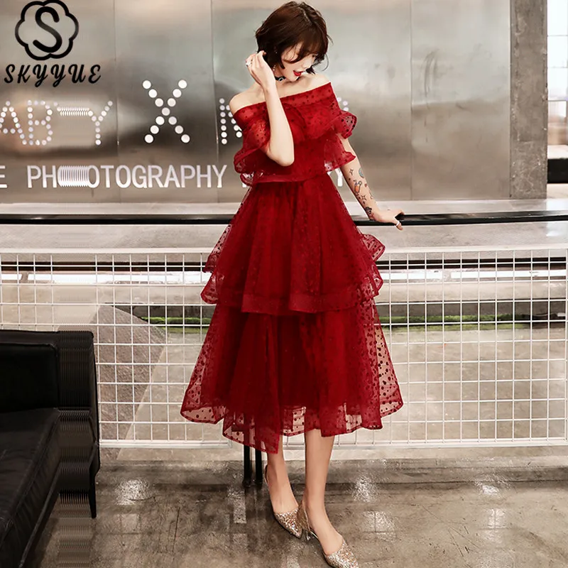 

Skyyue Cocktail Dress Tiered Plus Size Cocktail Dresses 2019 Short Sleeve Party Woman Sexy Off The Shoulder Robe Cocktail E718