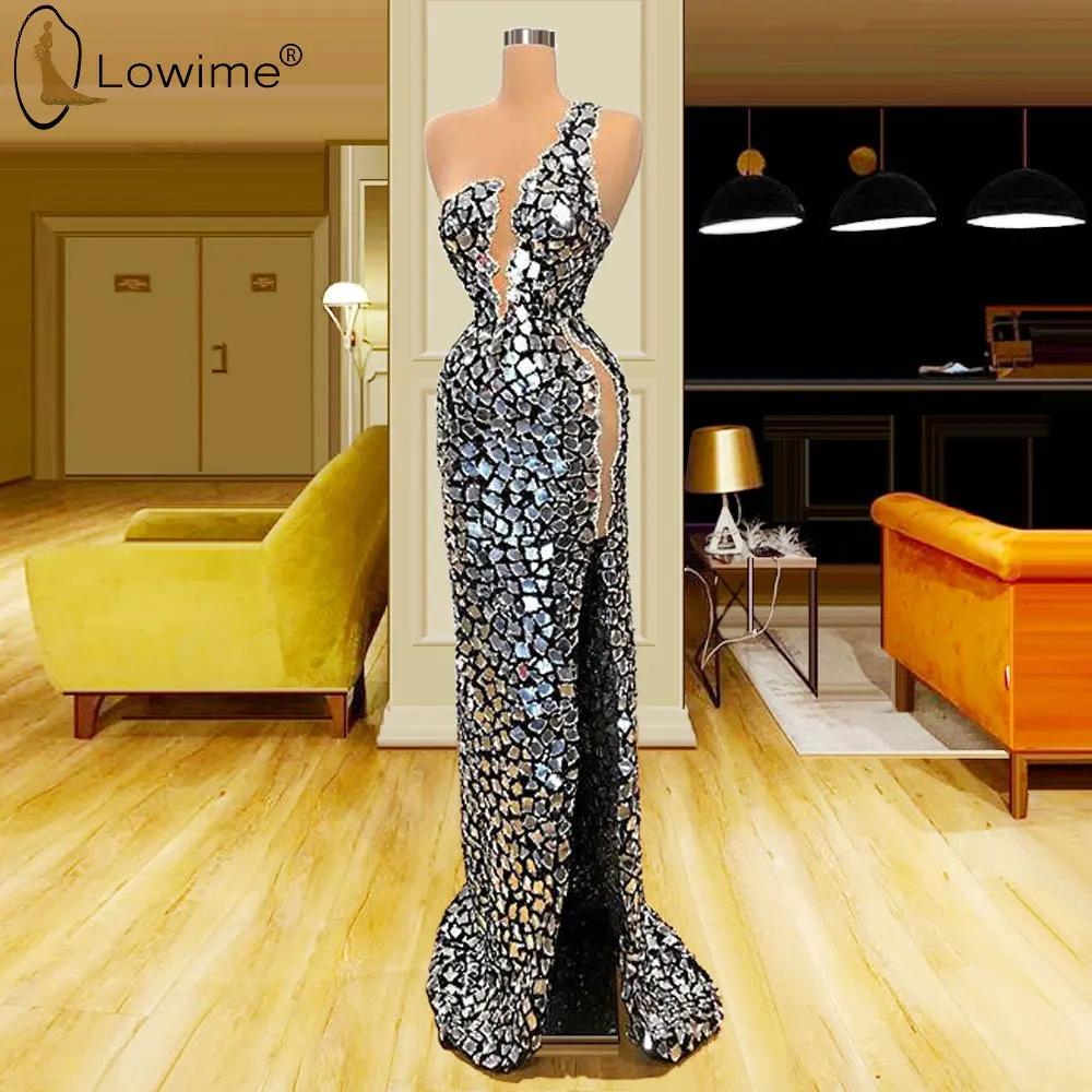 

Sexy One Shoulder Full Crystals Silver Mermaid Evening Dresses High Side Split Floor Length Robe De Soiree Prom Party Gowns