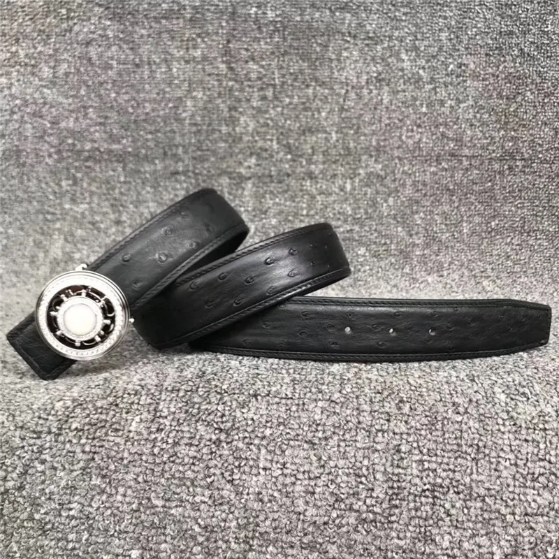 Authentic Real Ostrich Skin Stainless Steel Rotatable Buckle Men's Fancy Belts Genuine Cow leather Lining Male Rhinestone Belt