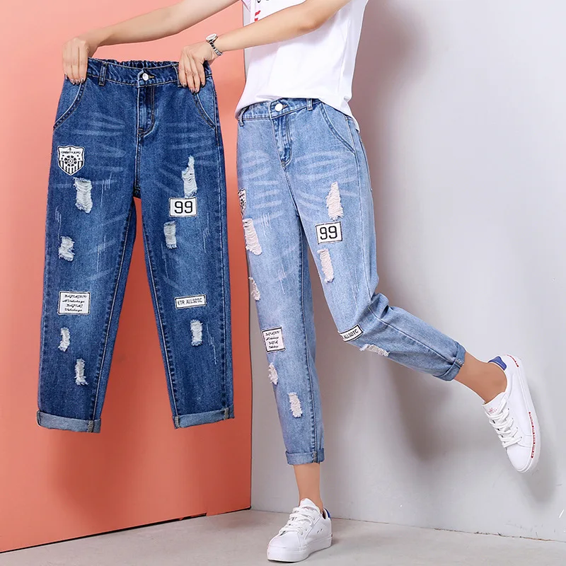 Jeans Woman High Waist Loose Slim Elastic Waist Straight Ankle-Length Pants