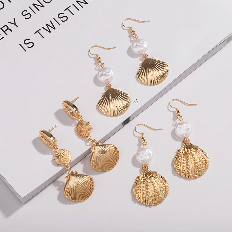 

Fashion Simple Gold Metal Seashell Pendant Statement Dangle Drop Earrings Charm Elegant Pearl Beach Jewelry Gift For Women Girls
