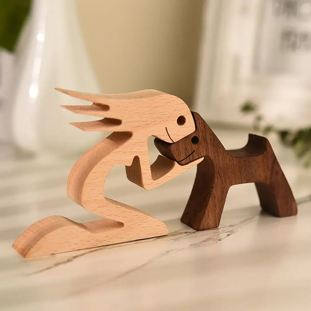 Family Wooden Statue Couple Human And Dog Figurines Home Decor Craft Table Ornaments Gifts Office Desk Accessories Dekoration