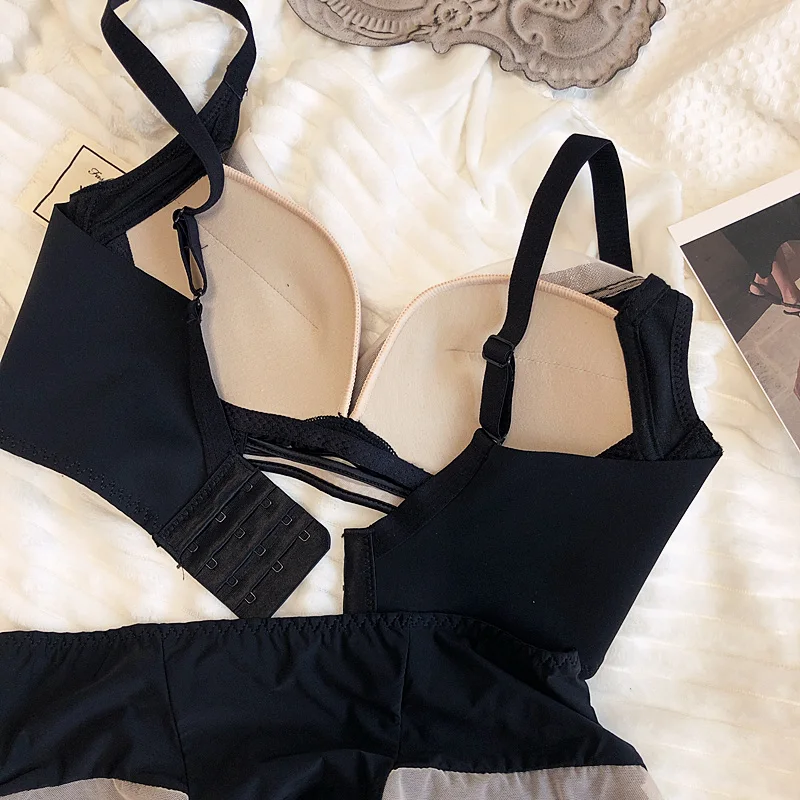 75-90 BC Cup Women Bra And Panties Set Seamless Underwear Chiffon Smooth Contrast Color Female Wire Free Push Up Sexy_voghion.com