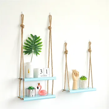 

3-Layer Wooden Hanging Storage Holders Nordic Creative Wall Mounted Shelf Linen Rope Living Room Bar Ornament Decoration Shelf