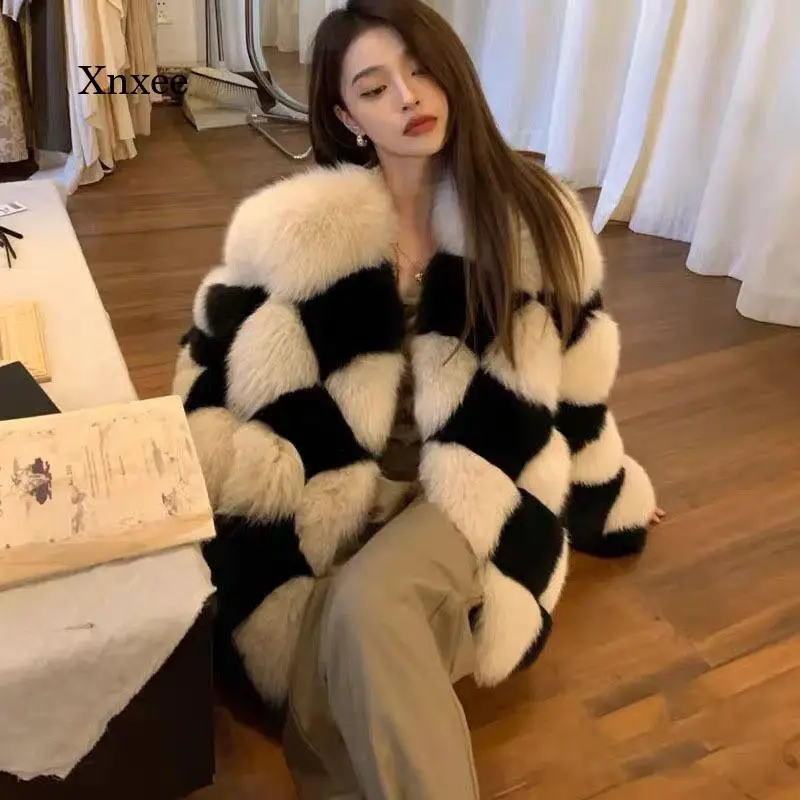 

Black White Grid Faux Fur Coats Punk Style Gothic Crop Fashion Color Blocking Long Sleeve Women Cardigan Jackets Warm Streetwear