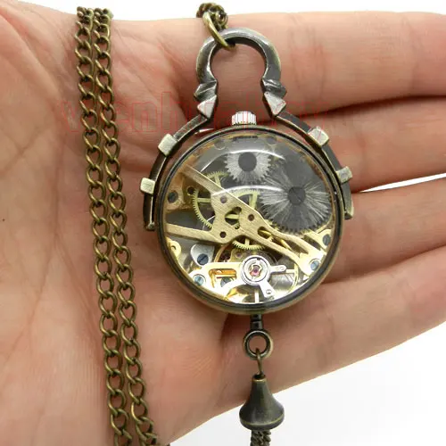 Luxo Transparente Bola Relógio de Bolso Mecânico Colar Numerais Romanos Dial Alta Qualidade Pingente Fob Corrente Relógio para Homens - Image 4