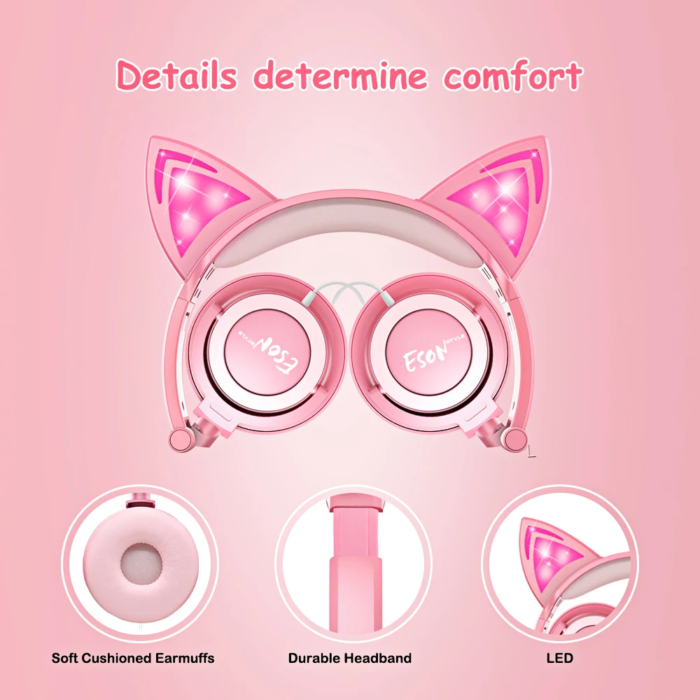 Esonstyle Kids Headphones Over Ear with LED Glowing Cat Ears Safe Wired Headsets 85dB Volume Limited Headphones For Kids Gift