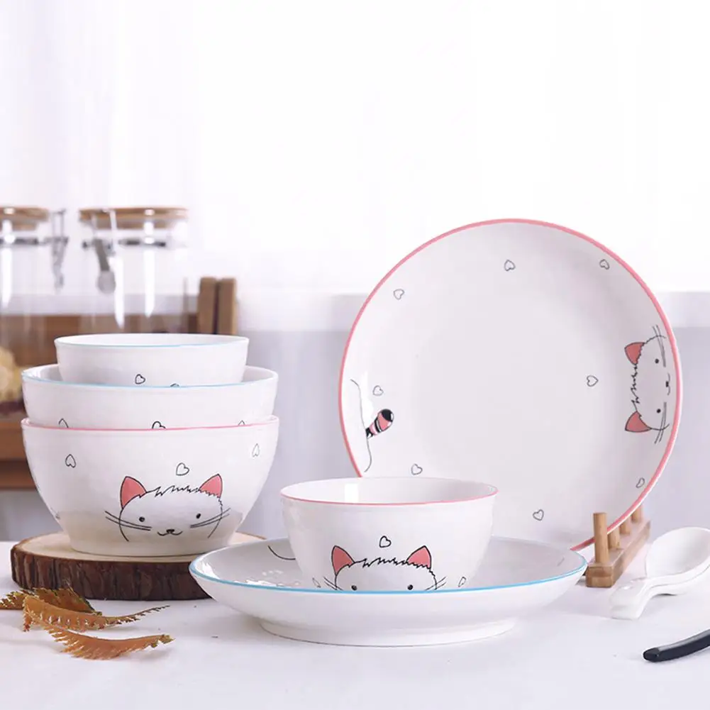 

GloryStar 8pcs/set Kitchen Dinnerware Lovely Cartoon Cats Pattern Ceramic Tableware Set Include Bowls Plates Spoons
