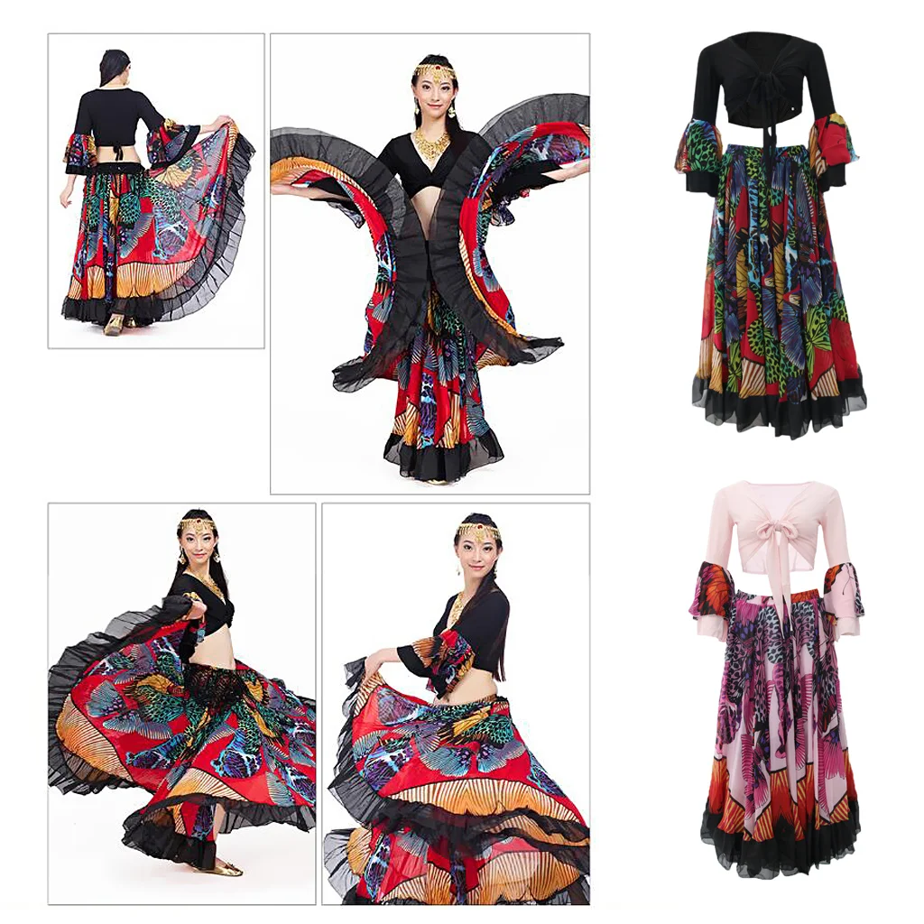 Buikdans Kostuum Set Voor Vrouwen Chiffon Top En Vlinder Print Maxi Rok Buikdans Kostuum Set Voor Vrouwen Chiffon Top En Vlinder Print Maxi Rok
