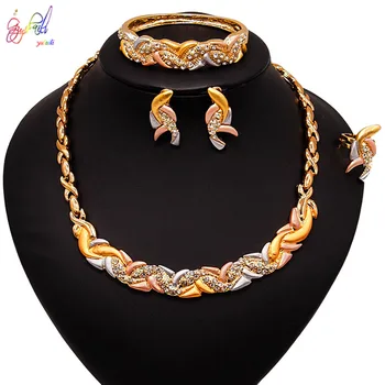 

Yulaili Engagement Bridal Jewelry Sets African Crystal Rhinestone Tricolor Necklace Earrings Bracelet Ring for Women Jewellery