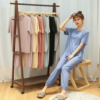 

Female Summer Short Sleeve Tshirt Plus Jogger Pants Two-piece Suit Girl Pajamas Sets Oversized Loose 2 Piece Set Pyjamas Women