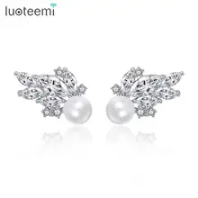 LUOTEEMI Imitation Pearl Wing Shape Stud Earrings for Women Dating with Cubic Zircon Fashion Jewelry Christmas Gift Brincos