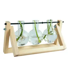 Настольная стеклянная ваза для растений с ретро твердой деревянной подставкой и металлическим поворотным держателем для гидропоники для украшения дома и офиса