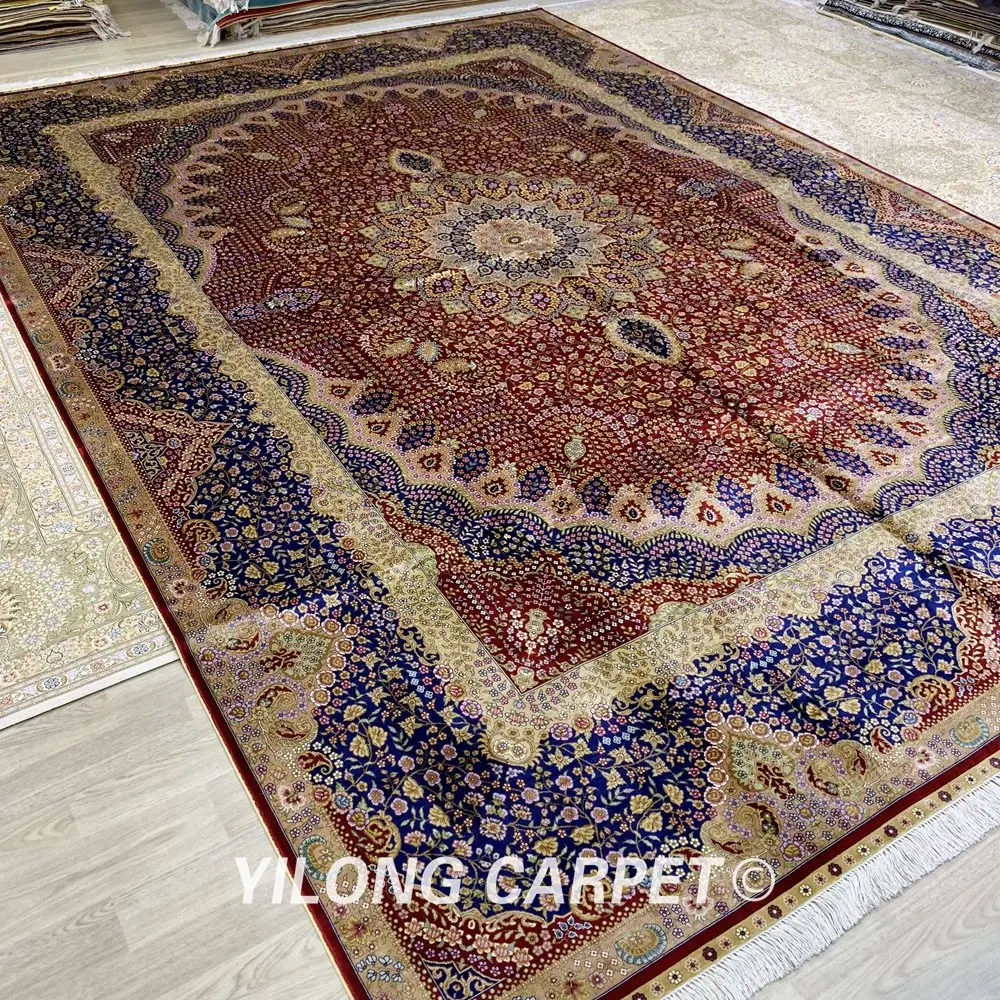 YILONG 9 2 &quotx 12 8&quot Персидский большой шелковый ковер ручной работы красный медальон