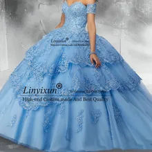 Светло-Небесно-голубое скромное кружевное бальное платье пышные платья Аппликация блестками Тюль с плеча формальная Вечеринка сладкий 16 платье