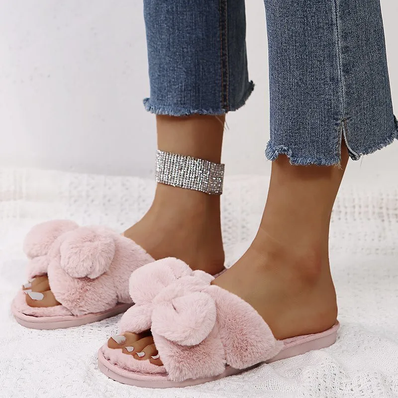 

COOTELILI Women Home Slippers With Faux Fur Flat Shoes Winter Shoes Keep Warm Shoes For Woman Flats Bow Basic Slipper 36-41