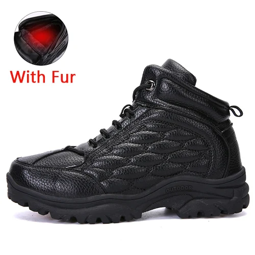 Black with Fur JUNJARM мужские ботинки из натуральной кожи мужские уличные зимние ботинки теплые мужские зимние ботинки на меху, Нескользящие мужские ботильоны на платформе - Цвет: Black with Fur