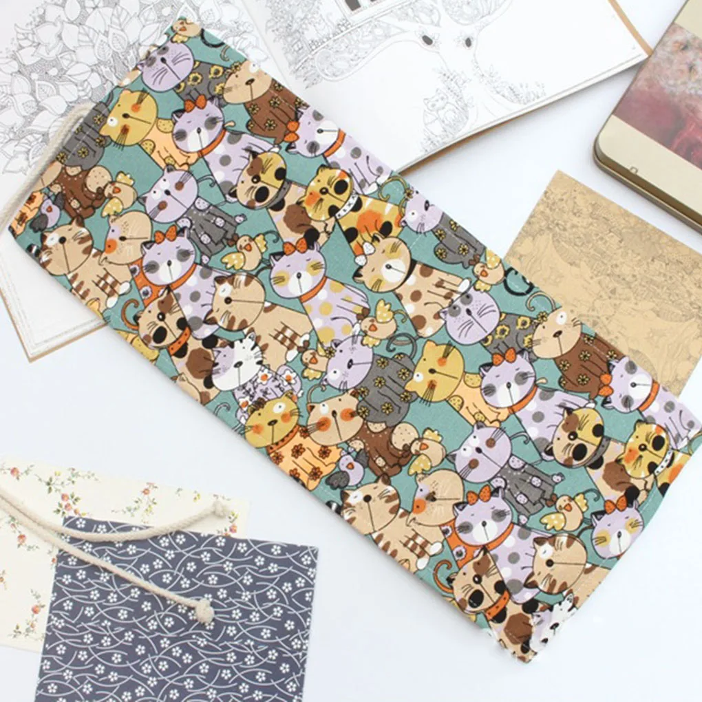 

12/24/36/48/72 Holes Cartoon Curtain Pencil Bag Wrap Roll Up Students Canvas Pen Case Brushes Makeup Pouch