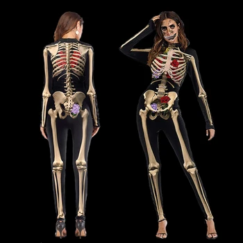 

Rose Skeleton Costume Jumpsuit 3D Print Scary Halloween Costumes For Women Mechanical Skull Plus Size Bodysuit New