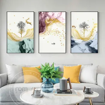 

Dreamlike and Fantastic Landscape Canvas Painting Golden Dear Birds and Tree Poster and Paintings Wall Pictures for Living Room