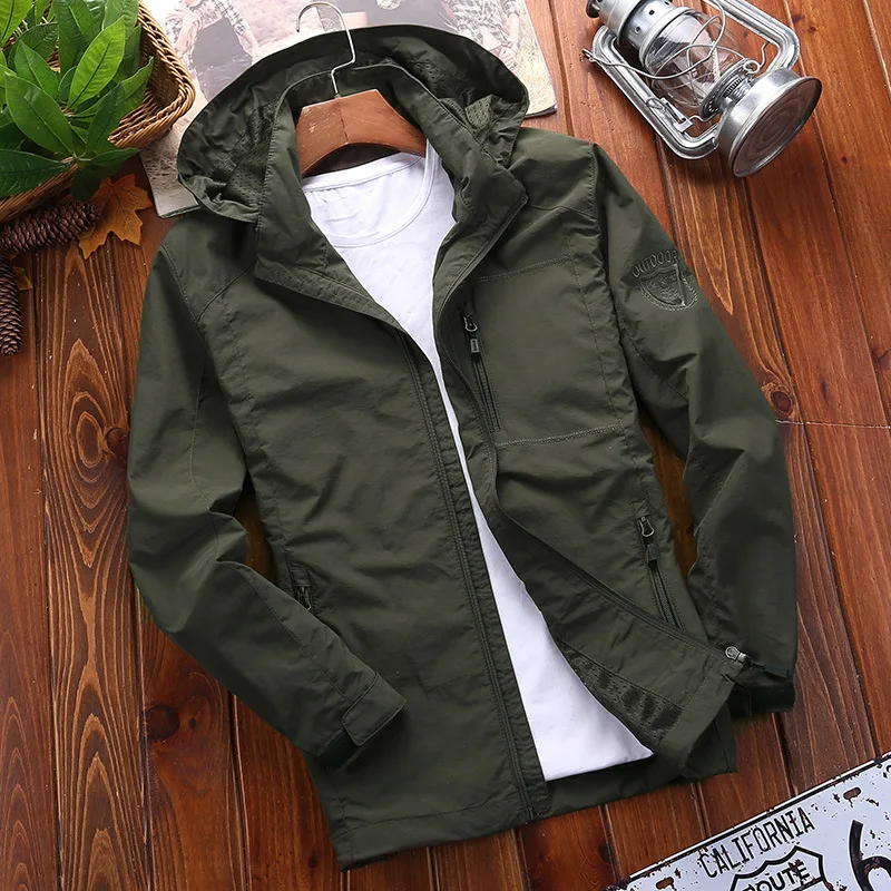

Spring Autumn Casual Windbreaker Jacket Men Outwear Waterproof Slim Hooded Thin Bomber Coat Breathable Male Army Military Jacket