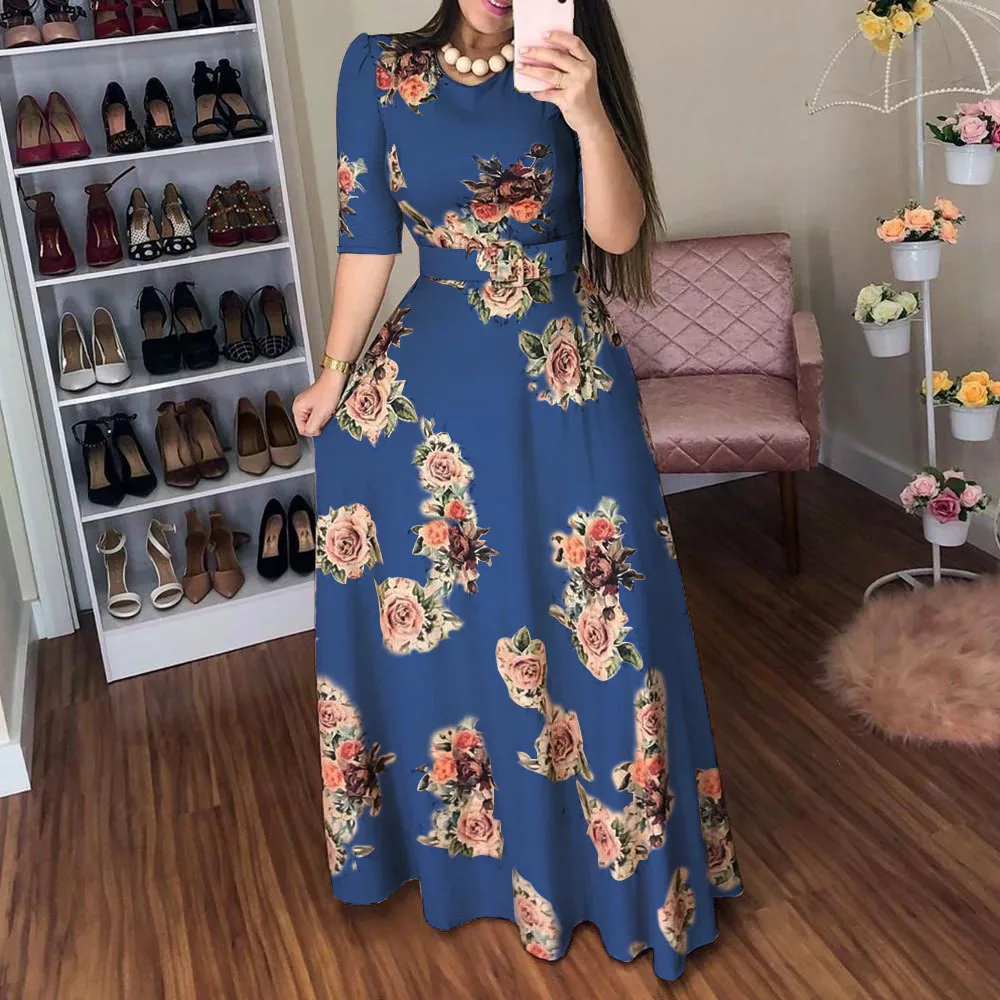 

Vintage Blue Pink Floral Print Summer Dress Maxi High Waisted Women Belted Tunic Elegant Office Ladies Draped Long Dresses Retro