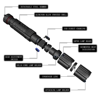 

Multifunction LED Flashlight USB Rechargeable Zoomable Torch Light Power Display Safety Hammer for Outdoor Camping Fishing HB88