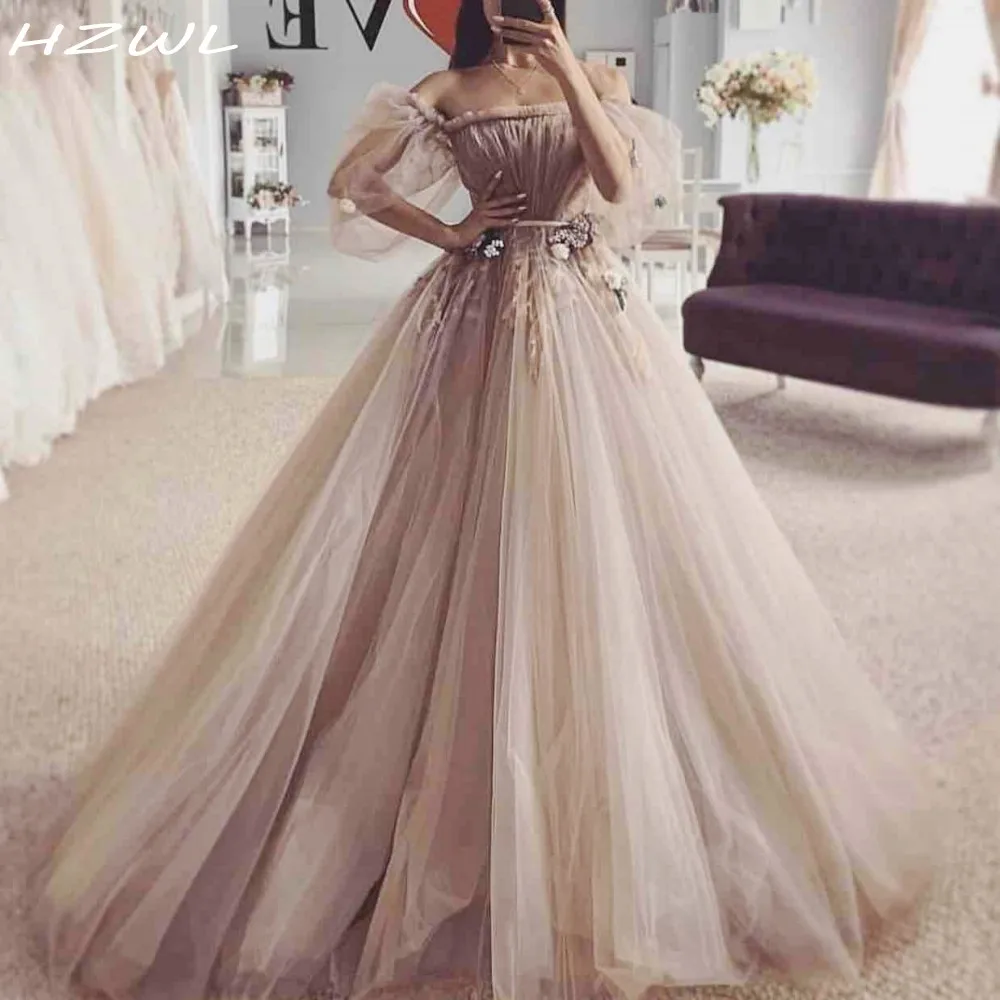 

Princess Tulle Prom Dresses With Half Sleeves Off The Shoulder Pleats Appliques Formal Evening Dress Plus Size Cheap Party Gowns