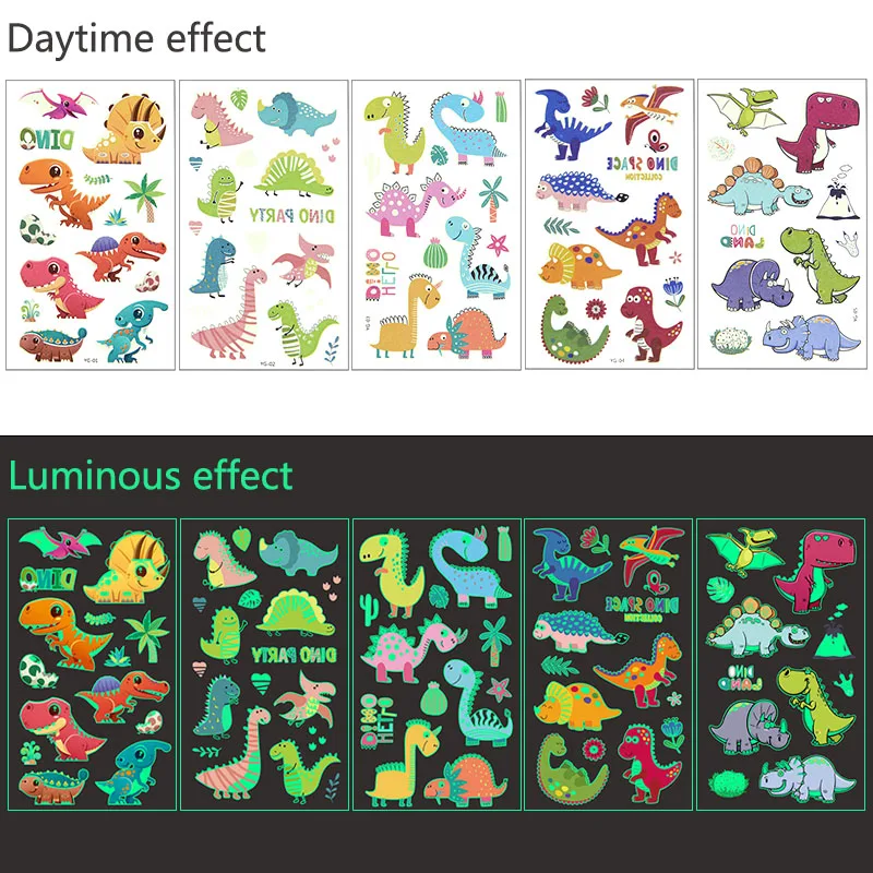 5pcs Luminous Tattoo Stickers Child Kid Temporary Fake Tattoos Glow Paste on Face Arm Leg for Children Body Art Mermaid Dinosaur