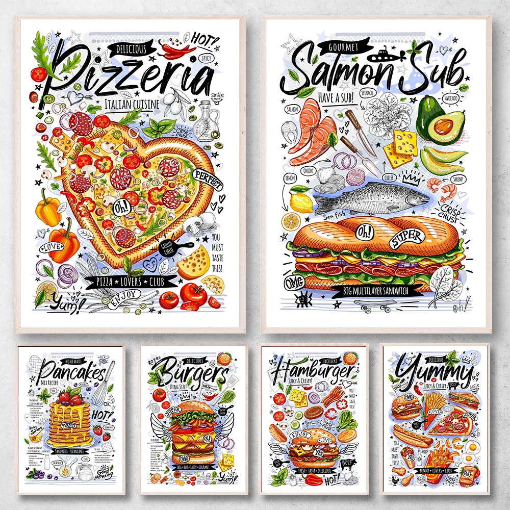 Hamburger Pizza Food Poster and Print Vintage Canvas Painting Wall Pictures Dining Room Kitchen Decoration Restaurant Home Decor | Дом и сад