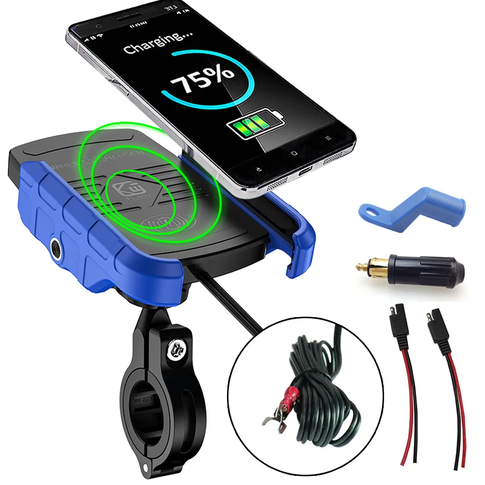 ACCNIC DIN/SAE USB Зарядное устройство& Мотоцикл Беспроводной Зарядное устройство Автомобильный держатель телефона для samsung S10 S9 S8 iphone X XS 8 Беспроводной зарядки - Цвет: Blue
