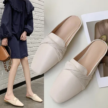 

Flat Shoes Female Ladies' Slippers Slipers Women Butterfly-knot Luxury Slides Square Toe Mules Sexy Low 2020 Designer Soft