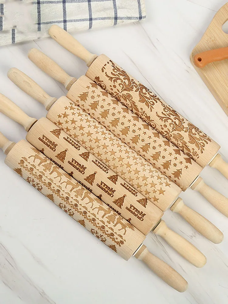 Christmas Embossing Carving Rolling Pin Printed Solid Wood Rolling Pins Baking Wood Rolling Pin Kitchen Cooking Pin for Bakery C