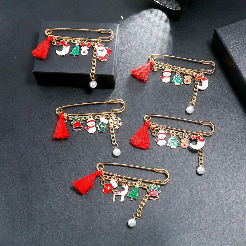 

Doreen Box Pin Brooches Christmas Santa Claus Tassel Gold Color Multicolor Imitation Pearl Fashion Women's Jewelry, 1 Piece