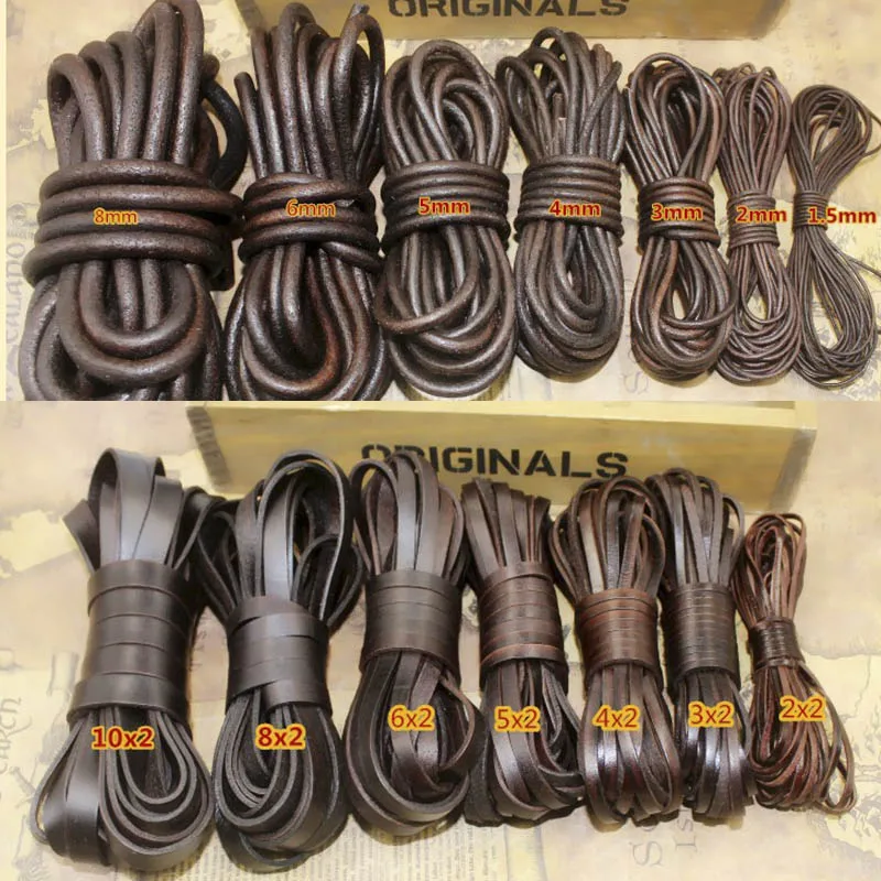 

2Meter Retro Coffee Genuine Leather Cord Flat/Round Leather Rope 2/3/4/5/6/8/10mm DIY Bracelet Necklace Jewelry Making Findings